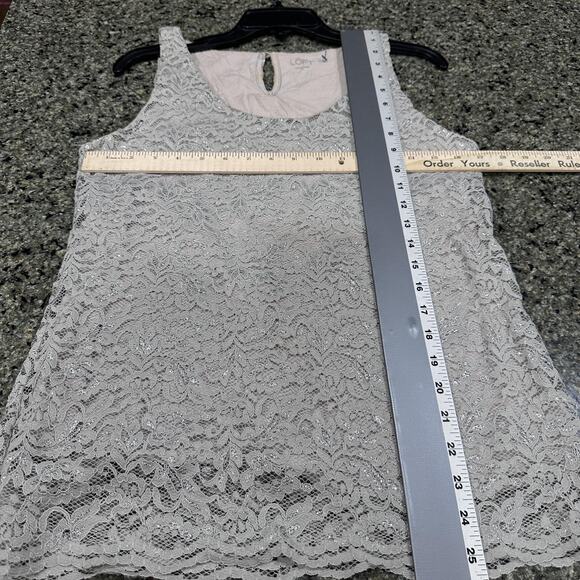 Ann Taylor LOFT Shirt Womens Medium Gray Silver Lace Tank Top Lined Sleeveless - Picture 3 of 8